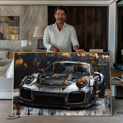 uomo mostra quadro porsche 911 gt3 rs oro nero argento